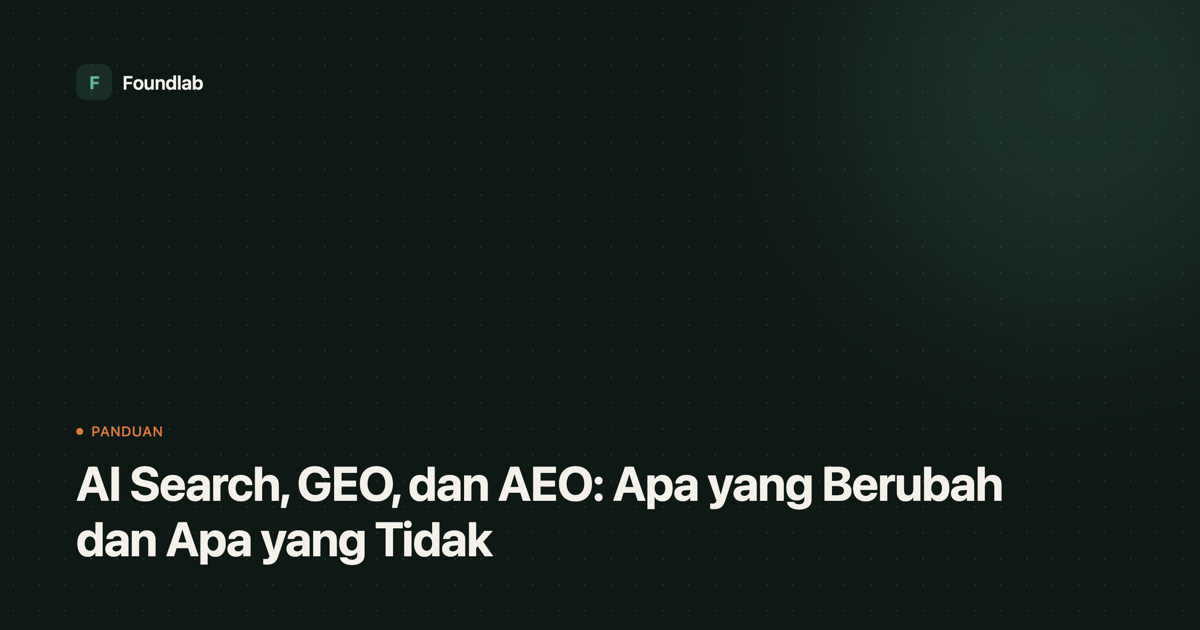 Kartu sampul Foundlab bertuliskan judul artikel: AI Search, GEO, dan AEO: Apa yang Berubah dan Apa yang Tidak