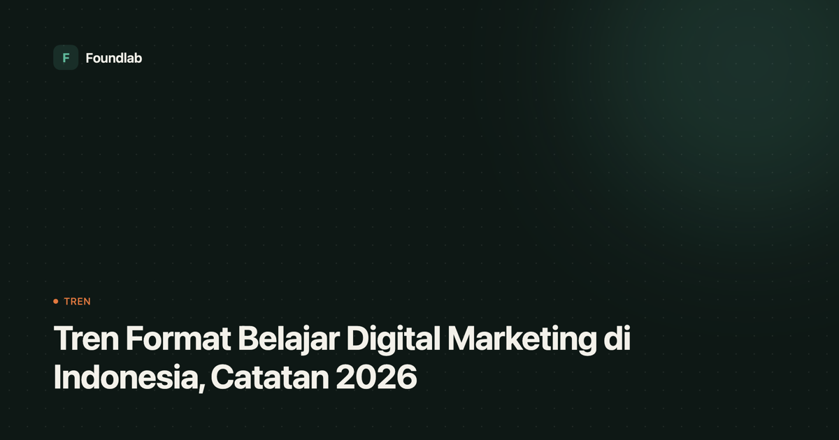 Kartu sampul Foundlab bertuliskan judul artikel: Tren Format Belajar Digital Marketing di Indonesia, Catatan 2026